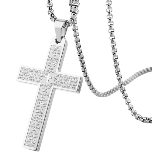 Kreuz Halskette Anhänger Auto Spiegel Hängende Zubehör, Edelstahl Kreuz Auto Rückansicht Charm mit Bibelvers für Auto, LKW, Zuhause, Hängendes Kreuz Auto Ornament für Männer Frauen (Silber) von KITUREK