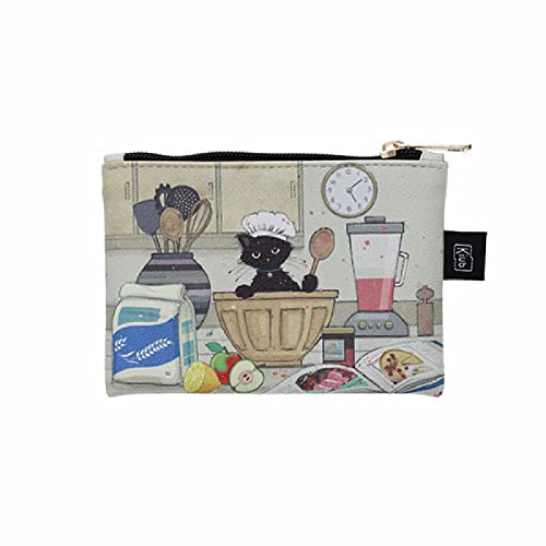 Kleine Tasche oder Geldbörse mit Reißverschluss – Material Kunststoff bedruckt – Motiv Katze Gebäck in voller Aktion – Maße: 14 cm x 10 cm, weiß, Naturstil von KIUB