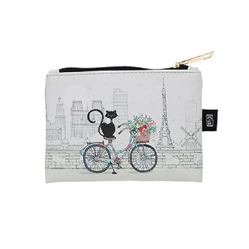 Kleine Tasche oder Geldbörse mit Reißverschluss – Material: Kunststoff bedruckt – Motiv Radfahrerkatze am Eiffelturm von Paris – Maße: 14 cm x 10 cm, weiß, Natur-Stil von KIUB