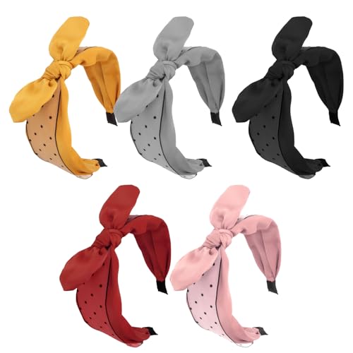 KIUEZIR 5 Stück Schleifen Breiter Haarreifen Damen - Süße Schleifenknoten Stirnbänder mit Punkte-Print in Schwarz/Pink/Grau/Rot/Orange, Weicher Stoff & Rutschfest Haarbänder für Damen Schule/Partys von KIUEZIR