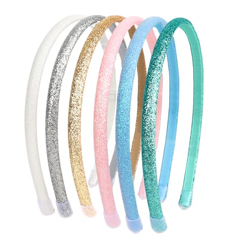 KIUEZIR 6 Stück Bunte Glitzer Haarreifen Set Damen Mädchen - 6 Farben (Blau/Rosa/Grün/Silber/Gold/Weiß) Kunststoff Glitzernd Stirnbänder, Dehnbare Kunststoff Haarband für Party, Büro & Täglicher von KIUEZIR