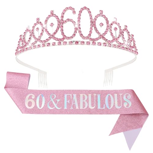 KIUEZIR Rosa 60 Geburtstag Tiara & Schärpe Set - Funkelnde Strass Krone Stirnband mit "60 & Fabulous" Glitzer Schärpe Elegante Party Kopfbedeckung für Frauen Meilenstein Feiern & Jahrestag von KIUEZIR