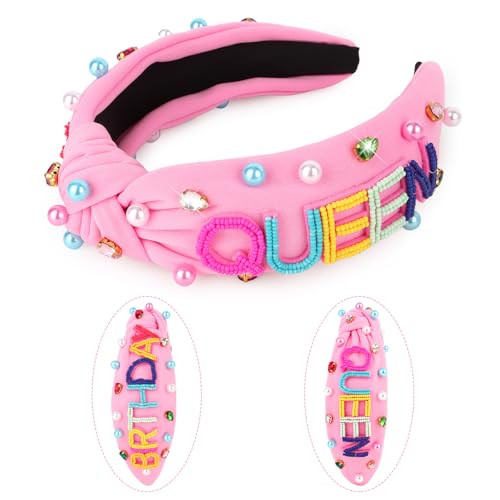 KIUEZIR Rosa "Birthday Queen" Geburtstag Haarreif Damen Breit, Hochwertiges Top Knot Geburtstags Stirnband mit Bunte Perlendesign, Haarschmuck für Geburtstagspartys, Festival, Feiern & Fotoshooting von KIUEZIR