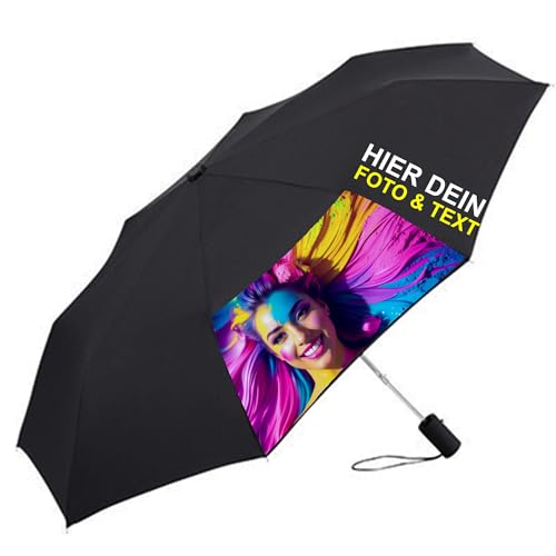 KIWISTAR UG - AC-Mini-Taschenschirm - schwarz - 2 Felder bedruckt - Ø 94 cm - Länge 30cm - Schirm individuell personalisiert mit Text, Design oder Foto - Regenschirm selbst gestalten von KIWISTAR UG