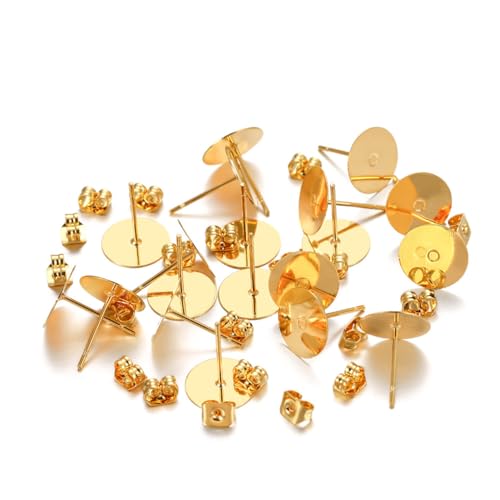 KIXZSAZ 100 Sets Ohrstecker Tablett Herstellung von Ohrringen Stopfen flache Handwerk hypoallergen Stecker Ohrring Zubehör Frauen Erwachsene, Goldfarbe/ 10 mm von KIXZSAZ