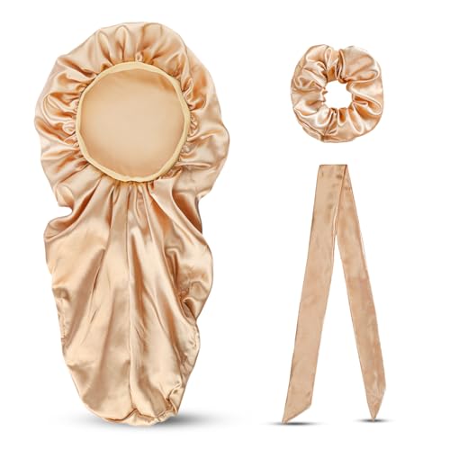 KIXZSAZ 3 Stück Satin extra lange Nachtschlafmütze Haarhut Krawatte Kopfwickel weich elastisch Pferdeschwanz Seilband Geschenk Damen Unisex, Champagner Gold von KIXZSAZ
