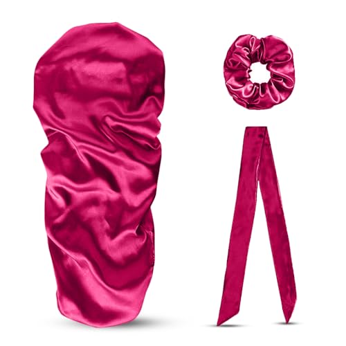 KIXZSAZ 3 Stück Satin extra lange Nachtschlafmütze Haarhut Krawatte Kopfwickel weich elastisch Pferdeschwanz Seilband Geschenk Damen Unisex, Rosenrot von KIXZSAZ