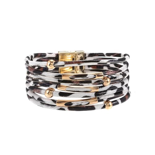 KIXZSAZ Armbänder Mehrschichtige Legierung Schnalle Leder Charme Leopardenmuster Kupfer Damen Herren Zubehör Unisex Armband Schmuck, Weiß von KIXZSAZ