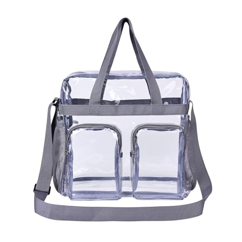 KIXZSAZ Funktionelle transparente Tragetasche mit mehreren Aufbewahrungstaschen. Transparente PVC Umhängetasche. Die transparente Handtasche ist robust, grau von KIXZSAZ