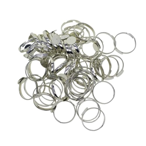 KIXZSAZ Große Packung mit 100 verstellbaren silbernen Messing Rohlingsringen mit 8 mm runder Lünette für personalisierte Accessoires von KIXZSAZ