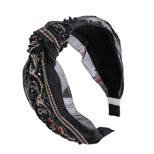 KIXZSAZ Haarbänder Nähen Fliege Ethnisch Twist Knoten Stirnband Haarband Stickerei Glitzer Perle Breite Stirnbänder Damen Accessoires, Beige Perle von KIXZSAZ