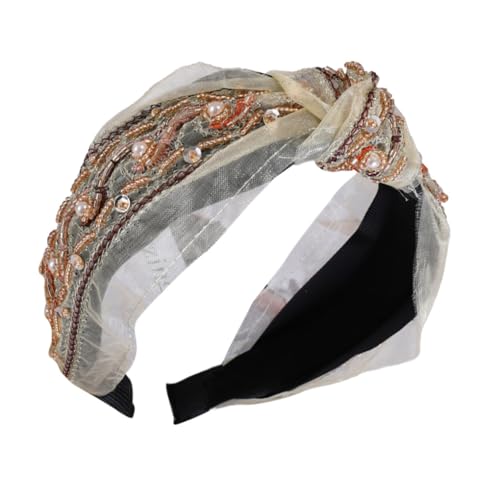 KIXZSAZ Haarbänder Nähen Fliege Ethnisch Twist Knoten Stirnband Haarband Stickerei Glitzer Perle Breite Stirnbänder Damen Accessoires, Beige Perlenknoten von KIXZSAZ