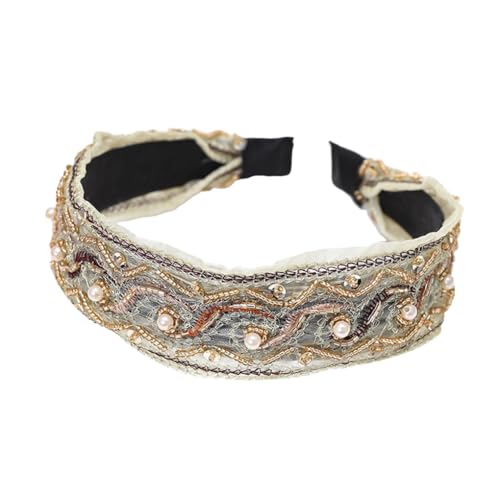 KIXZSAZ Haarbänder Nähen Fliege Ethnisch Twist Knoten Stirnband Haarband Stickerei Glitzer Perle Breite Stirnbänder Damen Accessoires, Schwarzer Perlenknoten von KIXZSAZ