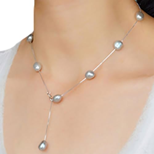 KIXZSAZ Natürliche Süßwasser Barockperlen Halskette für Damen, elegant und klassisch, echte reine 925er Sterlingsilber Kette, einzigartiger Stil, grau, 45cm von KIXZSAZ