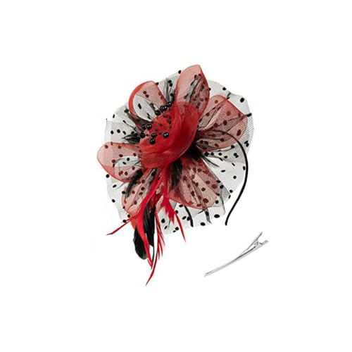 KIXZSAZ Vintage Frauen Plume Fascinator Schleier Stirnband Clip Kopfschmuck Haarnadel Damen Haar Styling Zubehör Kopfbedeckung für Club, Schwarz+rot von KIXZSAZ