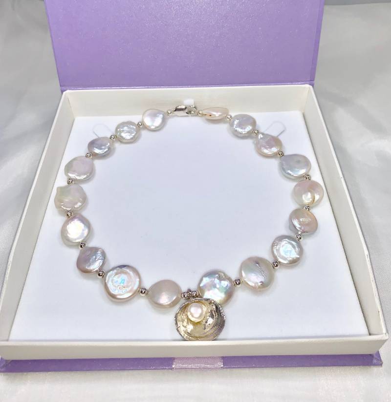 Silber Perle Halskette Mit Serling 925 Shell & Anhänger Atemberaubenden Geschenk-Box von KJ47Jewellery