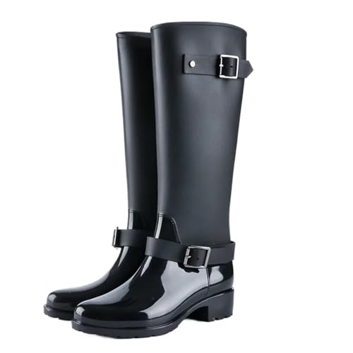 KJBDQQH damen gummistiefel Damen Regenstiefel Wasserdicht Rutschfest Lange Schlauch Wasserschuhe Version Mittelrohr(Black,39) von KJBDQQH