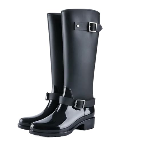 KJBDQQH damen gummistiefel Punk-Stil Reißverschluss Hohe Stiefel Frauen Reine Farbe Regen Outdoor Gummi Wasserschuhe(Black,40) von KJBDQQH