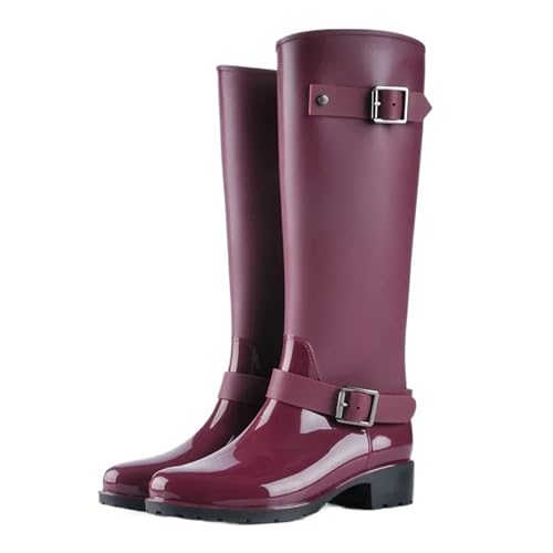KJBDQQH damen gummistiefel Punk-Stil Reißverschluss Hohe Stiefel Frauen Reine Farbe Regen Outdoor Gummi Wasserschuhe(Wine red,37) von KJBDQQH