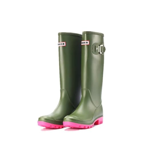 KJBDQQH damen gummistiefel Regenstiefel Damen Kniehohe Wasserstiefel Schnalle Lange Röhre Wasserdichte Schuhe Damen Gummi Regen(Green,38) von KJBDQQH