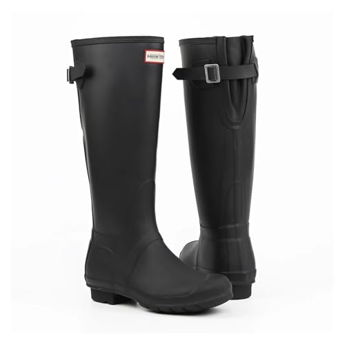 KJBDQQH damen gummistiefel Wasserdichte High-Tube Stiefel Damen Regen oes Briti Sle Wellington Gummi Atmungsaktiv(Black high tube ht rear buckle adjustable with slight imperfections,37) von KJBDQQH