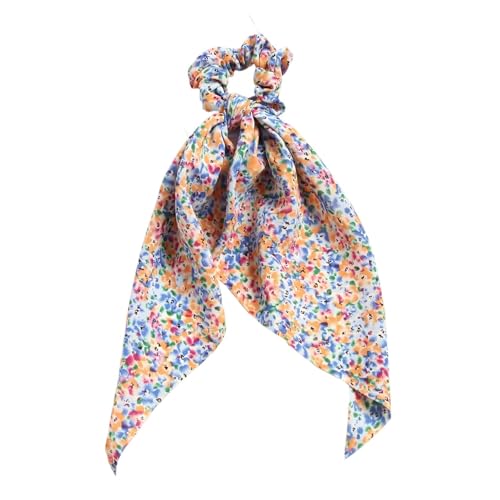 Satin Haartuch Blumendruck Schleife Langes Band Pferdeschwanz Schal Haargummi Scrunchies Frauen Mädchen Elastische Haarbänder Haarschmuck(Light Blue) von KJBDQQH