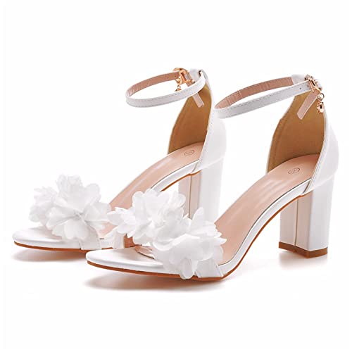KJCQGQTZ 2023 Damen Sandalen Sommer Hochzeit Blume Nachahmung Schuhe Braut Offene Spitze Blockabsatz Pumps Damen Party Knöchel Schnalle Hohe Blockabsatz Pumps,Weiß,39 EU von KJCQGQTZ