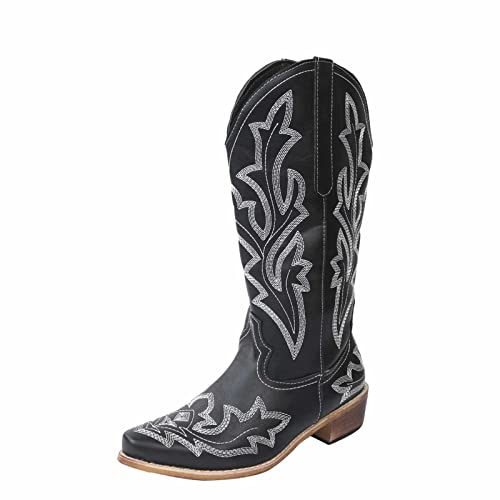 KJCQGQTZ Cowboystiefel Damen Breite Wade, Mode spitzer zulaufende klobige Absätze Leder Halbhohe Stiefel, Winter Schlüpfen Gesticktes Western Cowgirl Kniehoch lang Ritterstiefel,Black01,43 EU von KJCQGQTZ