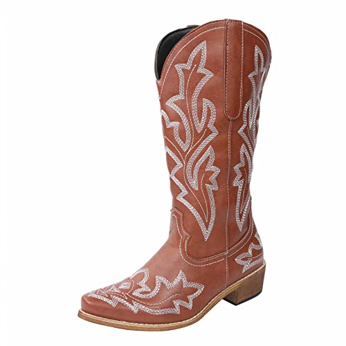 KJCQGQTZ Cowboystiefel Damen Breite Wade, Mode spitzer zulaufende klobige Absätze Leder Halbhohe Stiefel, Winter Schlüpfen Gesticktes Western Cowgirl Kniehoch lang Ritterstiefel,Brown01,38 EU von KJCQGQTZ