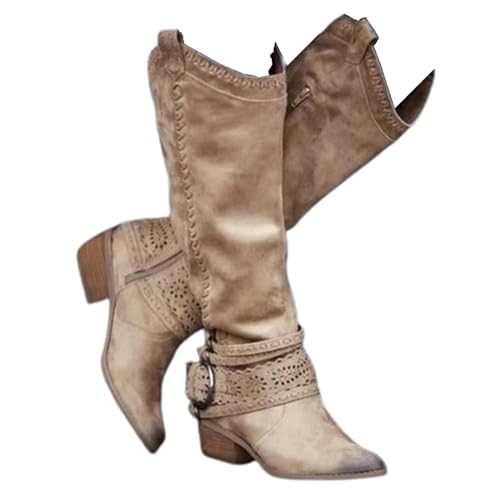 KJCQGQTZ Cowboystiefel Damen Breite Wade, Mode spitzer zulaufende klobige Absätze Leder Halbhohe Stiefel, Winter Schlüpfen Gesticktes Western Cowgirl Kniehoch lang Ritterstiefel,Brown02,38 EU von KJCQGQTZ