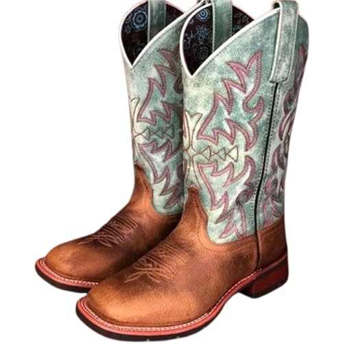 KJCQGQTZ Cowboystiefel Damen Breite Wade, Mode spitzer zulaufende klobige Absätze Leder Halbhohe Stiefel, Winter Schlüpfen Gesticktes Western Cowgirl Kniehoch lang Ritterstiefel,Brown06,41 EU von KJCQGQTZ