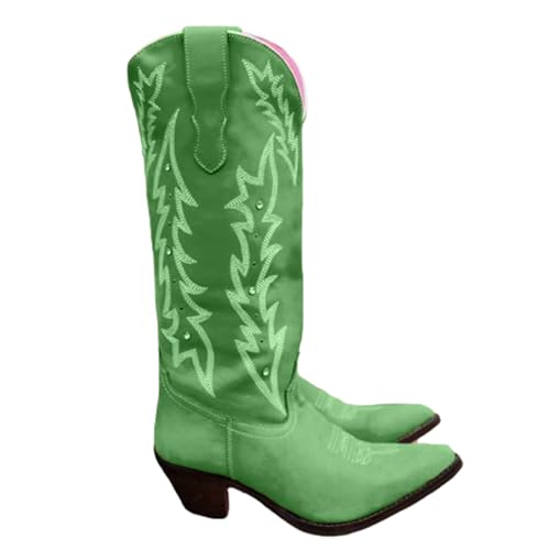 KJCQGQTZ Cowboystiefel Damen Breite Wade, Mode spitzer zulaufende klobige Absätze Leder Halbhohe Stiefel, Winter Schlüpfen Gesticktes Western Cowgirl Kniehoch lang Ritterstiefel,Green07,42 EU von KJCQGQTZ