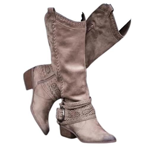 KJCQGQTZ Cowboystiefel Damen Breite Wade, Mode spitzer zulaufende klobige Absätze Leder Halbhohe Stiefel, Winter Schlüpfen Gesticktes Western Cowgirl Kniehoch lang Ritterstiefel,Khaki02,39 EU von KJCQGQTZ