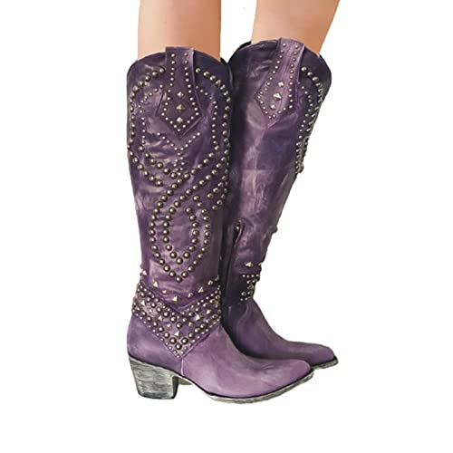 KJCQGQTZ Cowboystiefel Damen Breite Wade, Mode spitzer zulaufende klobige Absätze Leder Halbhohe Stiefel, Winter Schlüpfen Gesticktes Western Cowgirl Kniehoch lang Ritterstiefel,Purple10,40 EU von KJCQGQTZ