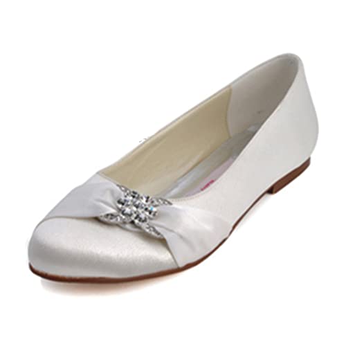 KJCQGQTZ Damen Hochzeitsschuhe Runde Zehe Slip-On Ballerinas Satin Diamante Ballerina Schuhe Weicher Komfort Niedriger Absatz Geschlossene Zehen Pumps Mode Sandalen,Elfenbein,39 EU von KJCQGQTZ