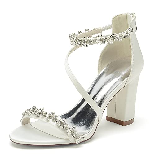 KJCQGQTZ Damen Spitzer Zehenpartie Hochzeitsschuhe, Fesselriemen Strasssteinen Brautschuhe Hoher Absatz Offener Peeptoe Klobiger Blockabsatz Satin Brautjungfer Party Kleid Pumps,Elfenbein,38 EU von KJCQGQTZ