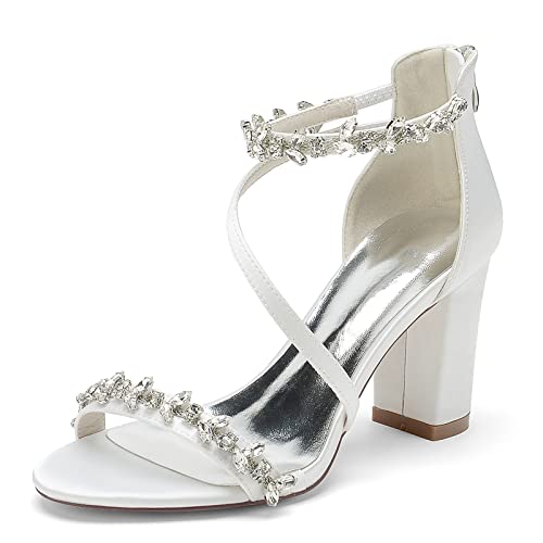 KJCQGQTZ Damen Spitzer Zehenpartie Hochzeitsschuhe, Fesselriemen Strasssteinen Brautschuhe Hoher Absatz Offener Peeptoe Klobiger Blockabsatz Satin Brautjungfer Party Kleid Pumps,Weiß,39 EU von KJCQGQTZ