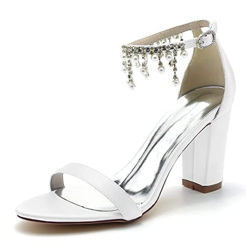 KJCQGQTZ Damen Spitzer Zehenpartie Hochzeitsschuhe, Fesselriemen Strasssteinen Brautschuhe Hoher Absatz Offener Peeptoe Klobiger Blockabsatz Satin Brautjungfer Party Kleid Pumps,White3,38 EU von KJCQGQTZ