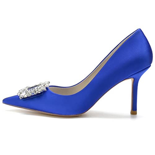 KJCQGQTZ Damen Spitzschuh High Heel 3,3'' Pumps Strass Lederfutter Geschlossene Zehe Braut Hochzeit Sandalen Elegant Chic Satin Absatz Pumps Für Party Abendkleid,Blau,38 EU von KJCQGQTZ