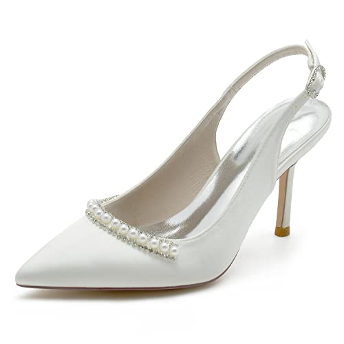 KJCQGQTZ Damen Stöckelschuhe Perlen Sandalen Satin Hochzeit Slingback High Heel Pumps Strass Geschlossene Spitze Zehen Brautkleid Schuhe Abendgesellschaft Slip-On Pumps Schuhe,Weiß,38 EU von KJCQGQTZ