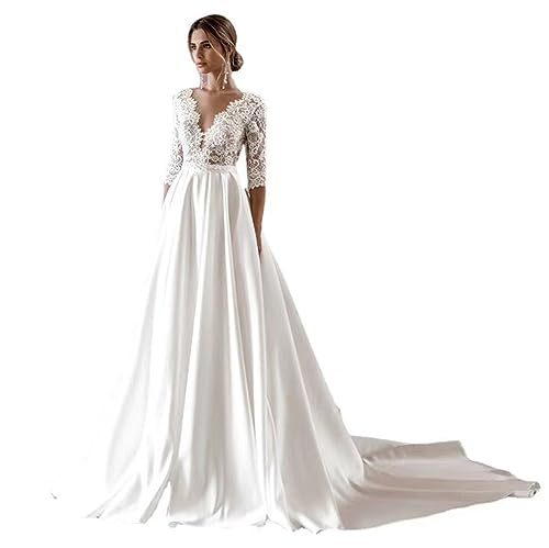 KJCQGQTZ Damen Strandhochzeitskleider Spitze Applikation V-Ausschnitt Boho Brautkleider Satin Einfache Landhochzeitskleider für die Braut Übergröße Süße formelle Abendkleider,Weiß,L von KJCQGQTZ