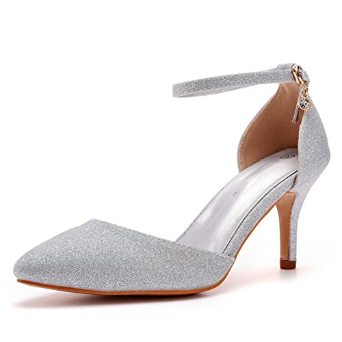 KJCQGQTZ Frauen High Heel Schuhe 7cm, Glitzernde Geschlossene Zehe Knöchelriemen Sandalen, Fashion Pointed Toe Dress Up Schuhe Glitter Heels Pumps Tanz Party Schuhe für Braut Hochzeit,Silber,36 EU von KJCQGQTZ