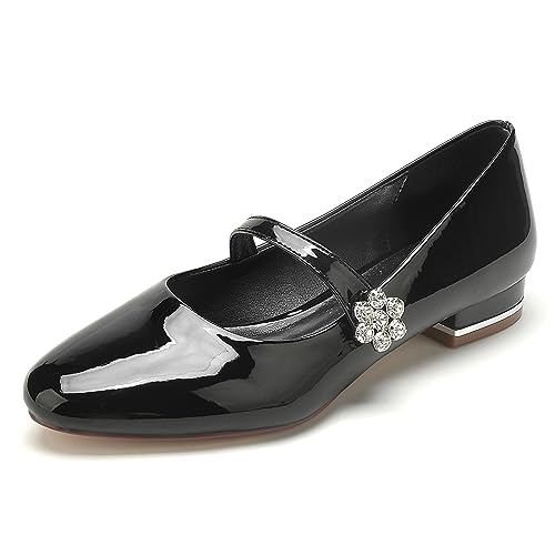 Hochzeitsschuhe Flache für Damen Spitze Strassschnalle Ballett Schlichte Flache Schuhe Niedrige klobige Blockabsätze Brautkleid Pumps Leder Schlüpfen Ballerina Schuhe,Schwarz,41 EU von KJCQGQTZ