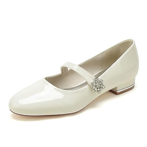 Hochzeitsschuhe Flache für Damen Spitze Strassschnalle Ballett Schlichte Flache Schuhe Niedrige klobige Blockabsätze Brautkleid Pumps Leder Schlüpfen Ballerina Schuhe,Weiß,38 EU von KJCQGQTZ