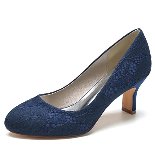 KJCQGQTZ Kitten-Heel Abendschuhe für Damen, Klobiger Blockabsatz Geschlossener Zehenbereich Hochzeitsschuhe für Braut, Komfort-Klassiker Schlüpfen Abschlussballparty Tanzschuhe Pumps,Blau,38 EU von KJCQGQTZ