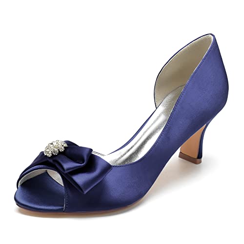 KJCQGQTZ Peep-Toe Kitten-Heels für Damen, Glitzernde offene runde Zehenpartie Brautschuhe für Hochzeitsfeier Niedriger Blockabsatz Schlüpfen Abendschuhe Pumps für Sommerball Tanzen,Dark Blue,37 EU von KJCQGQTZ