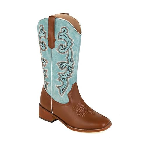 KJCQGQTZ Western Cowgirl Cowboystiefel für Damen, Vintage Spitzer Bestickte klobige Absätze Weite Wadenstiefel Mode Schlüpfen Leder Wildleder Lange Motorrad-Ritterstiefel für Alltag,Blue12,40 von KJCQGQTZ