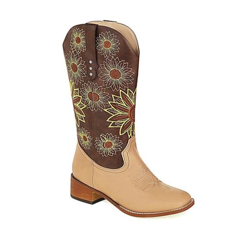 KJCQGQTZ Western Cowgirl Cowboystiefel für Damen, Vintage Spitzer Bestickte klobige Absätze Weite Wadenstiefel Mode Schlüpfen Leder Wildleder Lange Motorrad-Ritterstiefel für Alltag,Brown013,37 von KJCQGQTZ