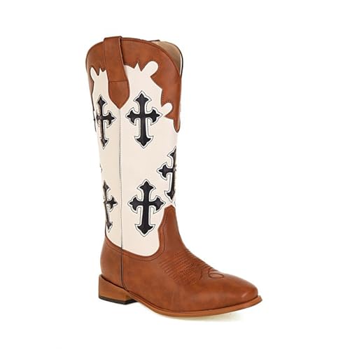 KJCQGQTZ Western Cowgirl Cowboystiefel für Damen, Vintage Spitzer Bestickte klobige Absätze Weite Wadenstiefel Mode Schlüpfen Leder Wildleder Lange Motorrad-Ritterstiefel für Alltag,Brown11,43 von KJCQGQTZ