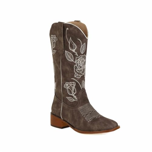 KJCQGQTZ Western Cowgirl Cowboystiefel für Damen, Vintage Spitzer Bestickte klobige Absätze Weite Wadenstiefel Mode Schlüpfen Leder Wildleder Lange Motorrad-Ritterstiefel für Alltag,Grey08,35 von KJCQGQTZ